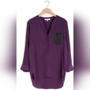 Sandro Paris Eureka Purple Leather Pocket Silk Shirt Womens Size Medium Tunic